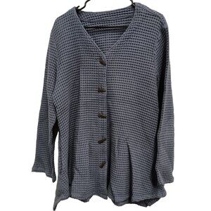 Focus Lagenlook Artsy Jacket Womens XL Blue Waffle Asymmetric Button Up Casual